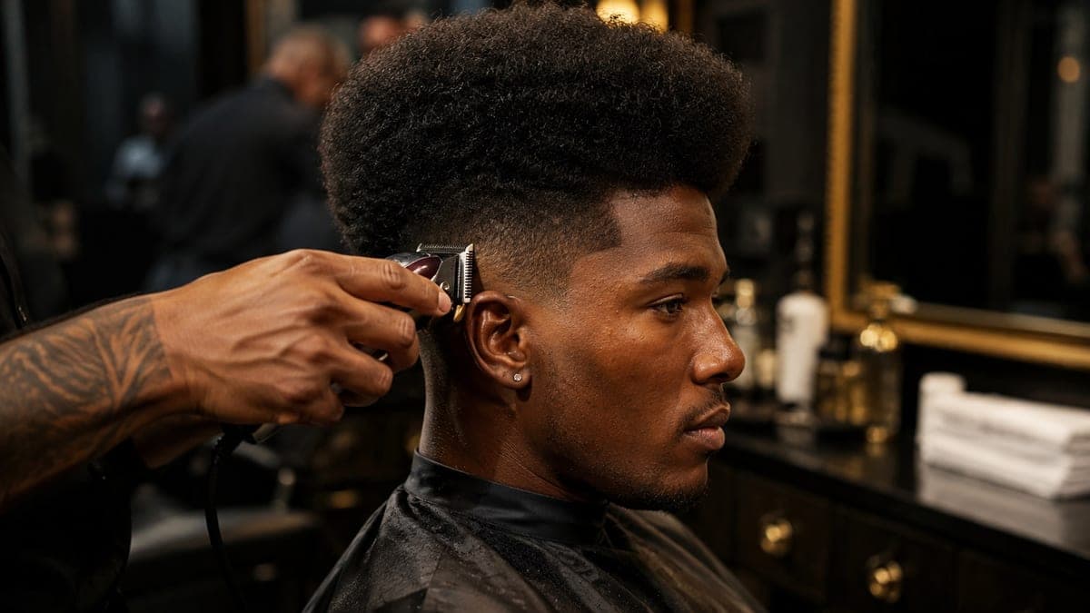 A barber running clippers up the side of a customer's head, tapering the hair above the ear while his full afro is left high on top
