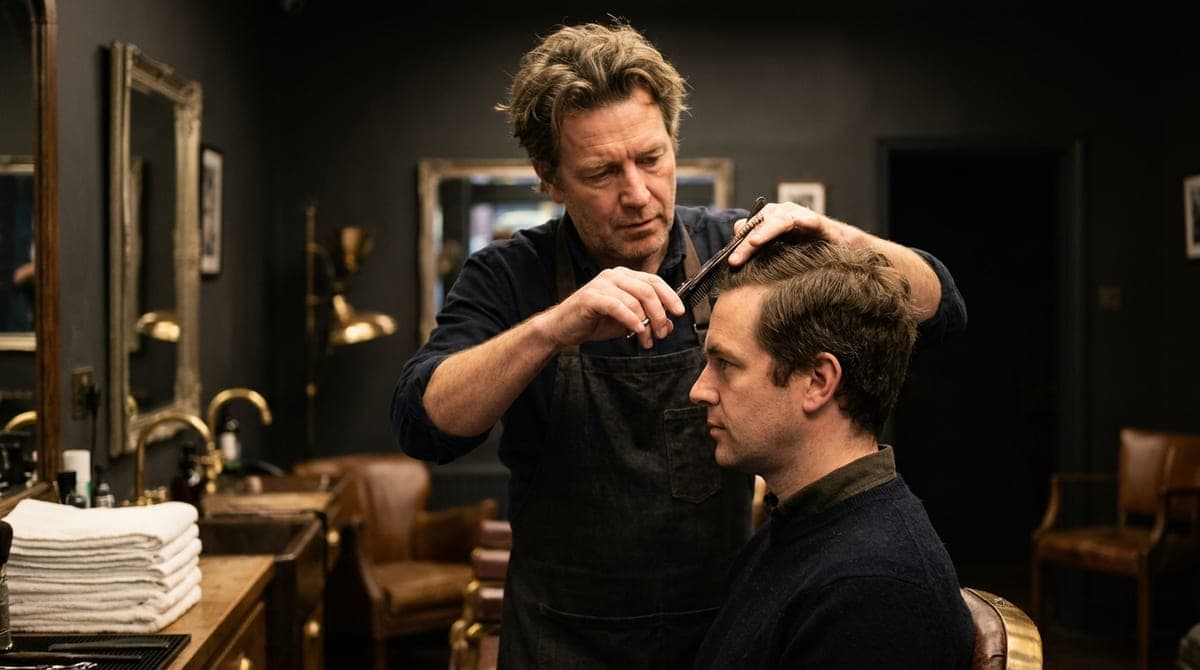A barber scissor-cutting the grown-out top of a man's hair over a comb in a warm-lit shop