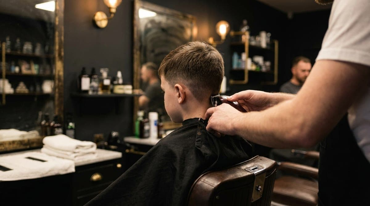 A barber trimming the back of a young boy's short haircut while the boy sits still in the chair