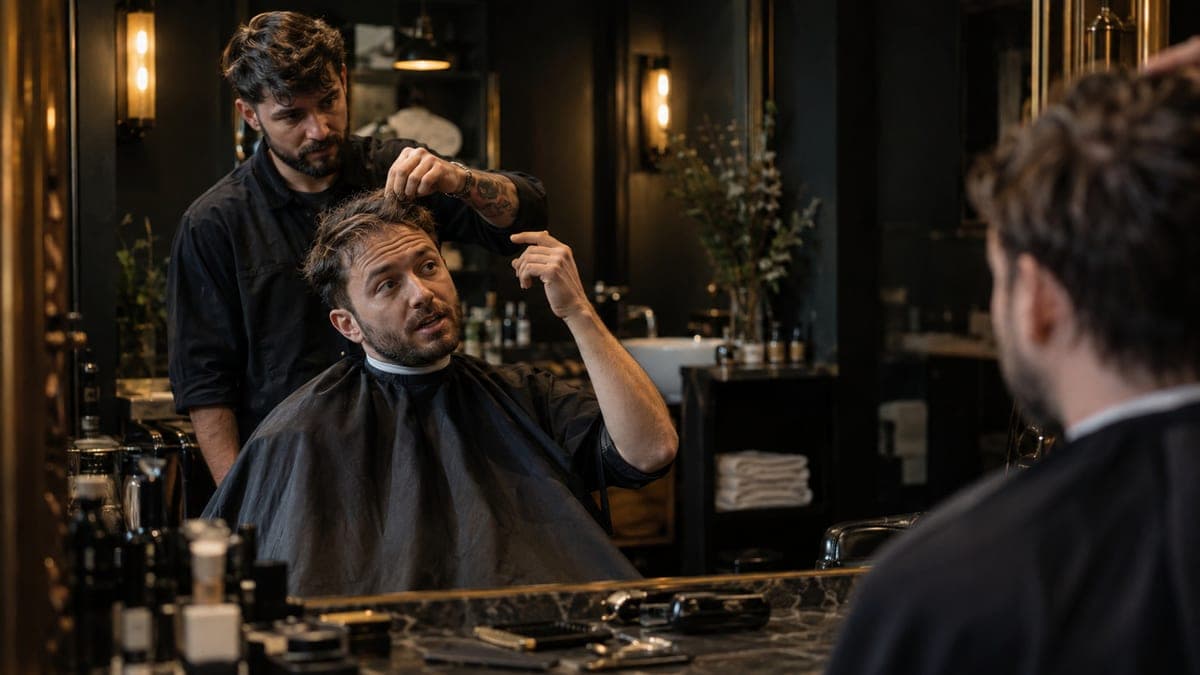 Seen in the barbershop mirror, a barber holding a section of hair on top of a seated customer's head while the customer gestures at it and explains how he wears it