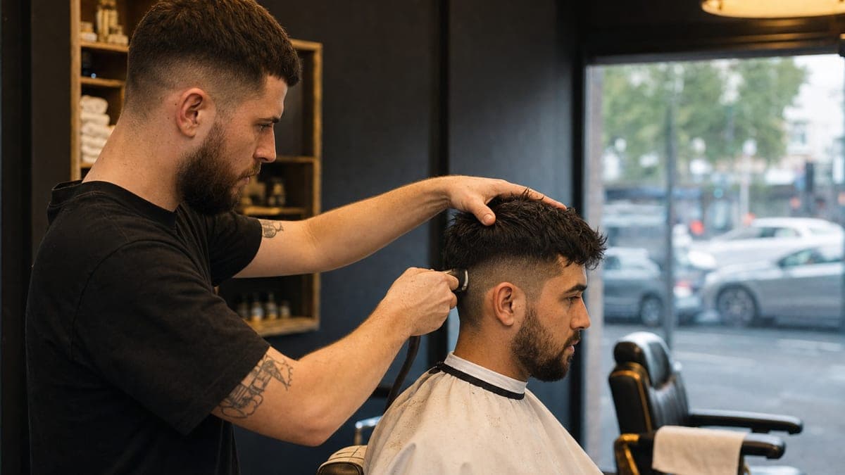 A barber running clippers up the side of a seated customer's head, one hand resting on the crown, the shop window and street traffic behind them