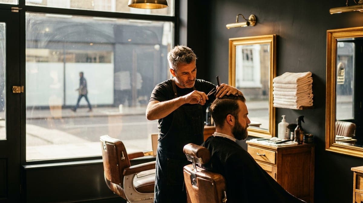 A barber combing and cutting a seated customer's hair beside the shop window, the street outside out of focus behind them