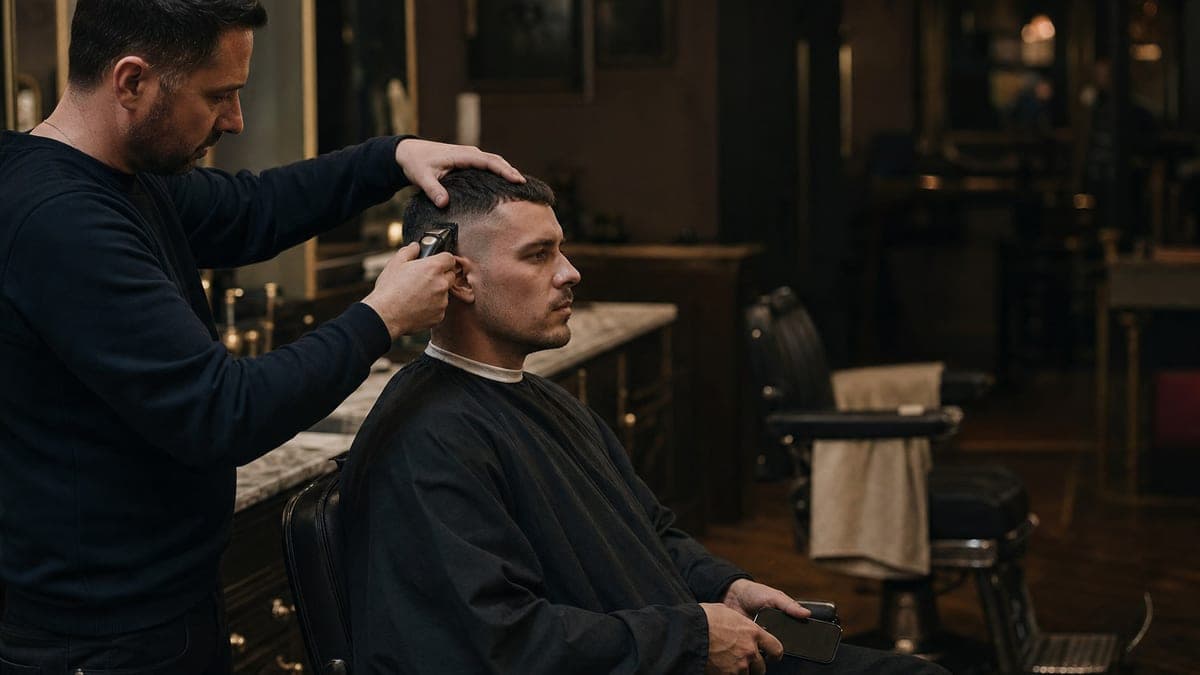 A man sitting upright and still in a barber's chair, phone resting on his knee, while the barber steadies his head and trims above his ear
