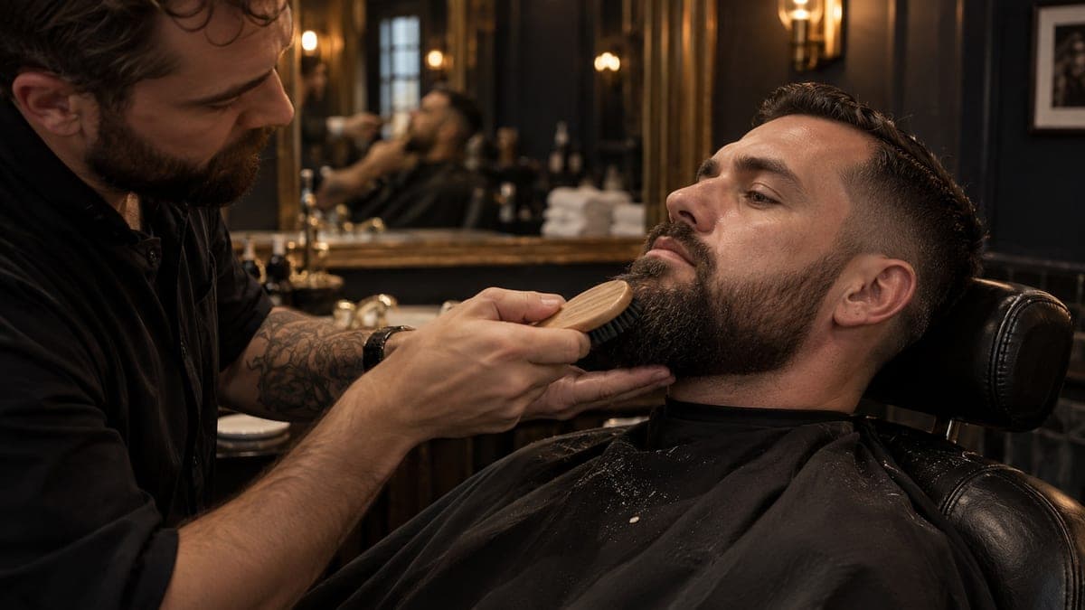 A barber brushing a seated man's full dark beard with a wooden-backed brush, a few pale flakes on the black cape below his chin