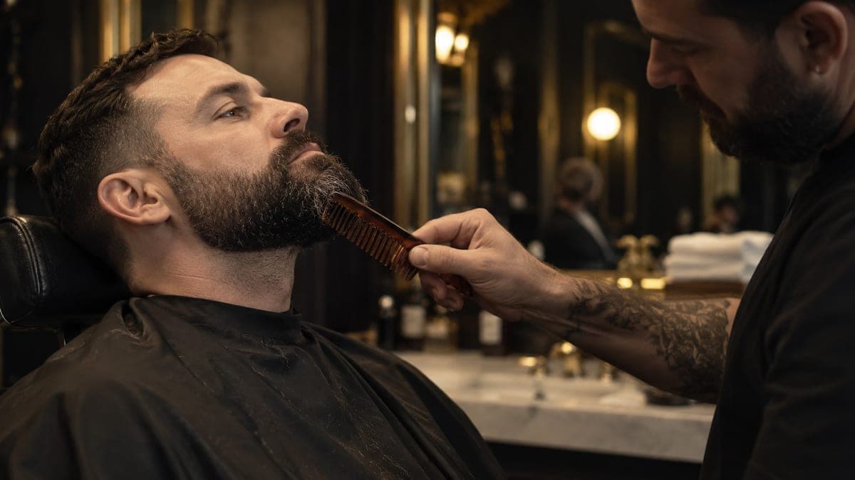 A barber combing a customer's dark beard upwards against the grain to look at the skin underneath, the customer in a black gown