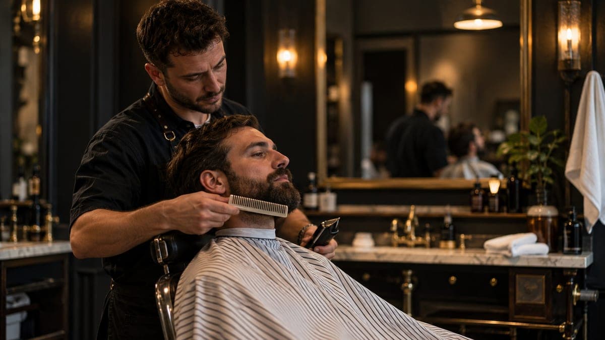 A barber holding a comb flat against a customer's jaw to check the length of his beard against the chin