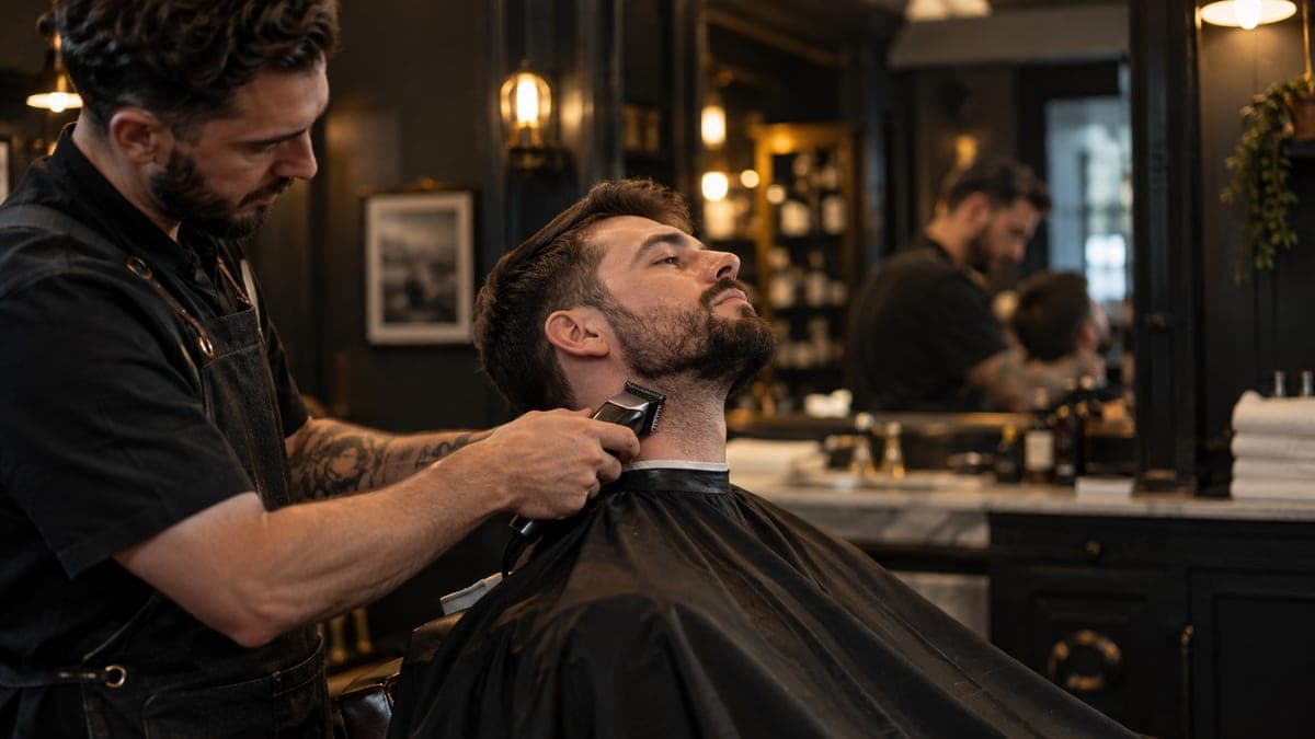 A barber running trimmers along the neckline of a short dark beard while the man in the chair tilts his chin up