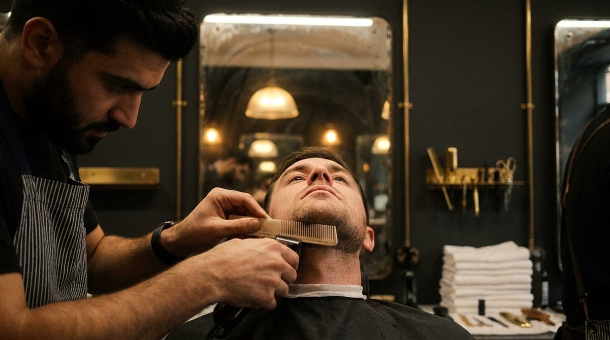 A barber combing a customer's beard flat and trimming the length along the jaw with clippers