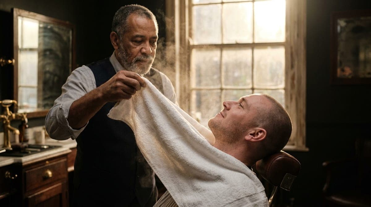 A barber lifting a hot towel from a customer's jaw after a straight razor shave