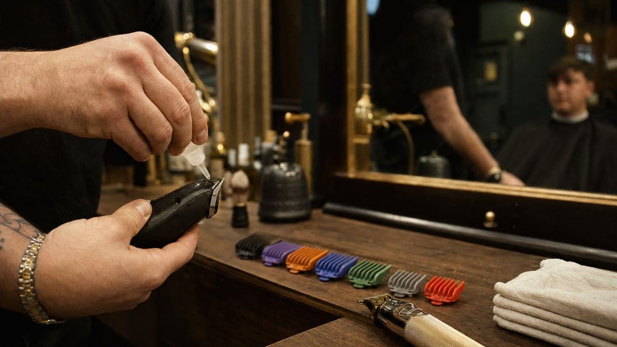 A barber dripping oil onto a clipper blade, a row of coloured clipper guards and a trimmer laid out on the counter beside him