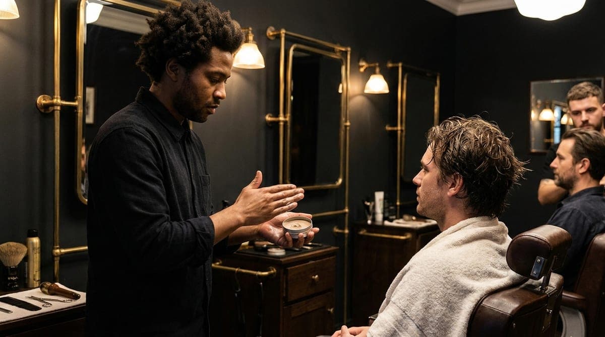 A barber working matte clay through a customer's hair in front of the shop mirror