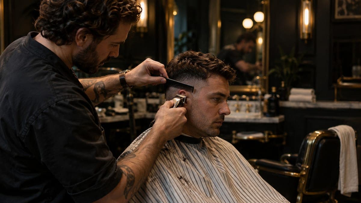 A barber running clippers up the side of a seated customer's head, a comb held flat just above the ear