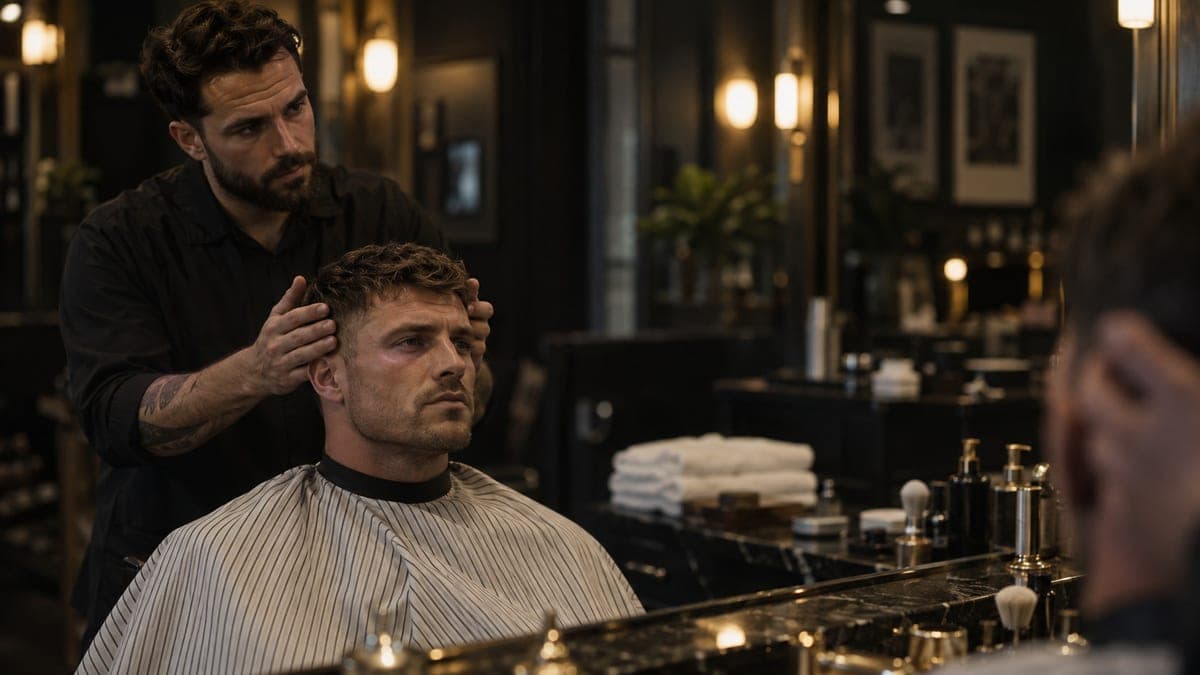 A barber standing behind a seated man with a strong jaw, checking both sides of a short textured cut in the mirror