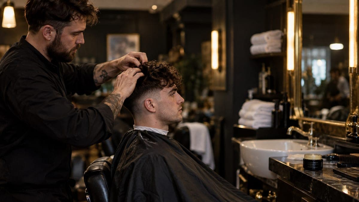 A barber working cream into the curly top of a seated man's hair, his tapered sides already finished, a plain tub on the counter