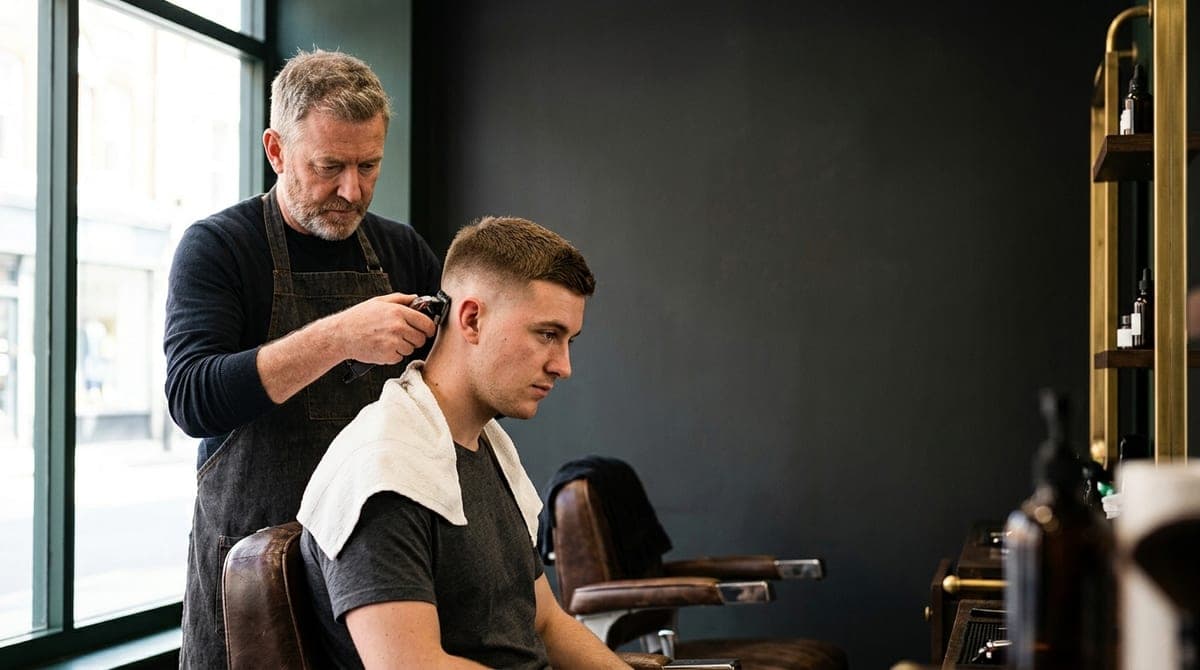 A barber blending the sides of a short summer haircut with clippers in a warm-lit shop