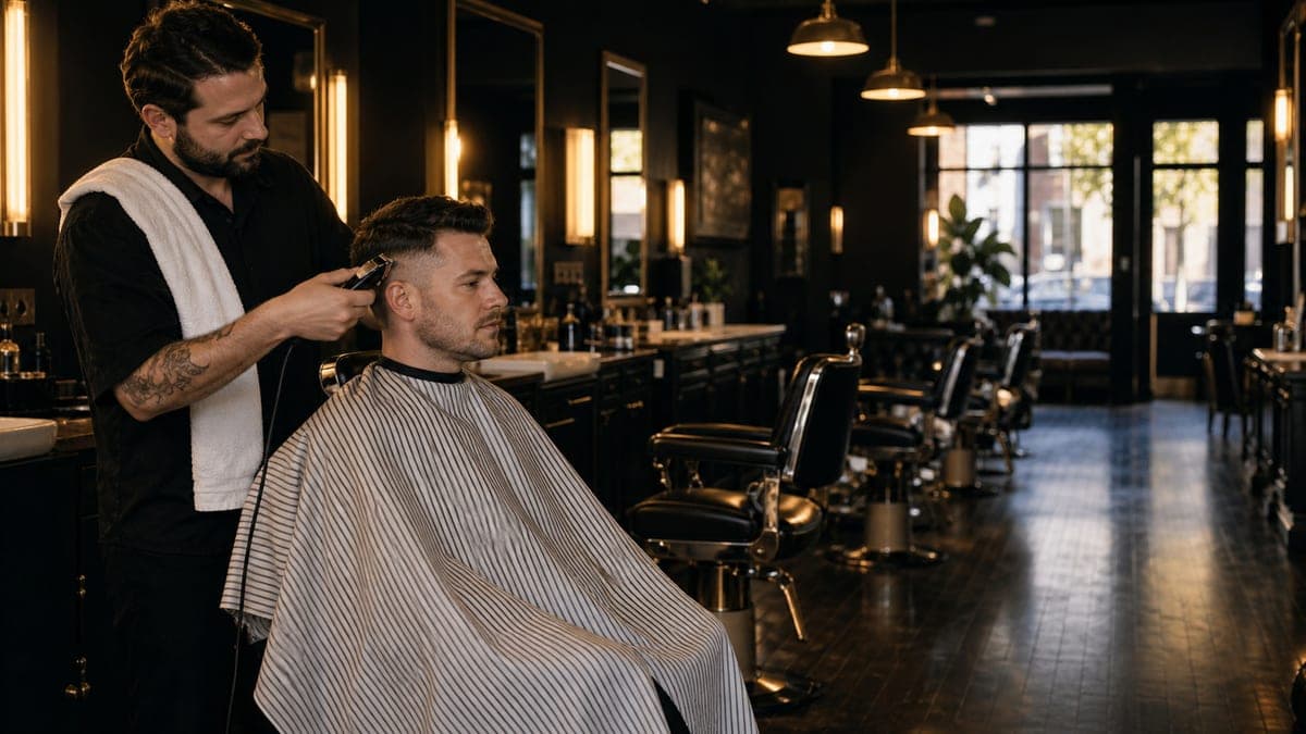 A barber starting a haircut on an otherwise empty shop floor early in the morning