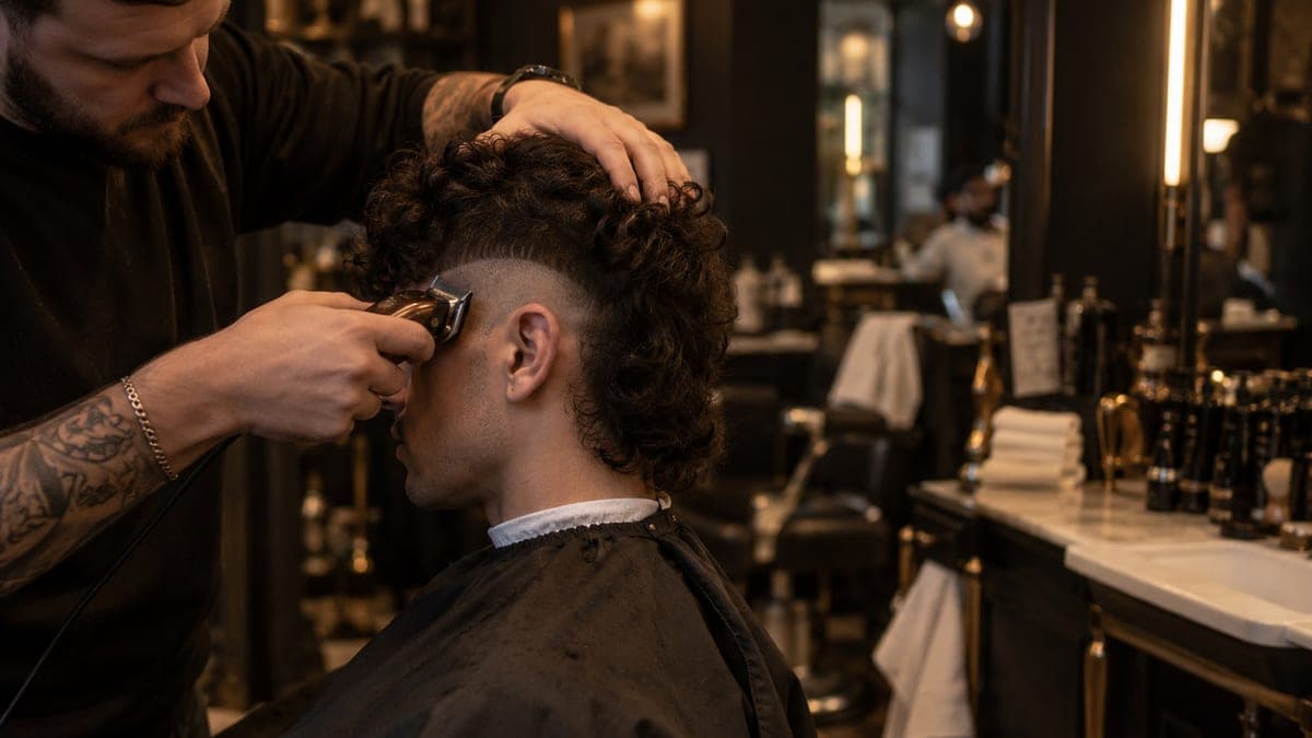 A barber taking clippers to the temple of a seated man with dark curls, a bare curved fade arcing round his ear and the curls left long behind it down to his collar