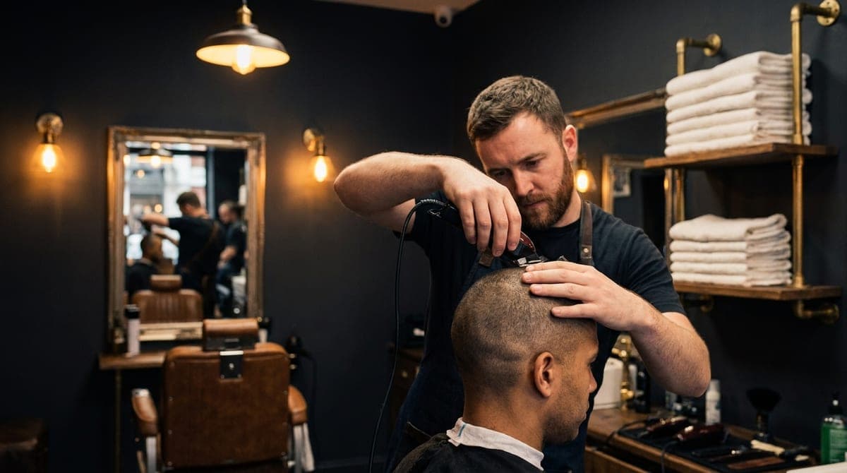 A barber running a guarded clipper back over the top of a man's short buzz cut