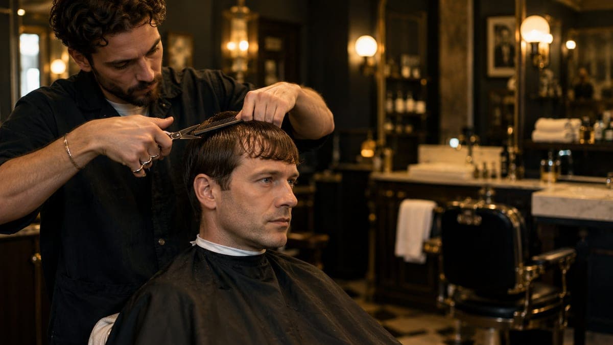 A barber holding a comb and scissors over a short, even-length fringe on a seated man with straight brown hair