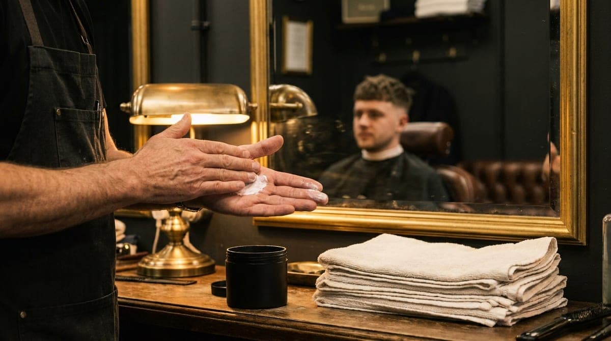 A barber scooping product from an open tub and warming it between his palms beside the shop mirror