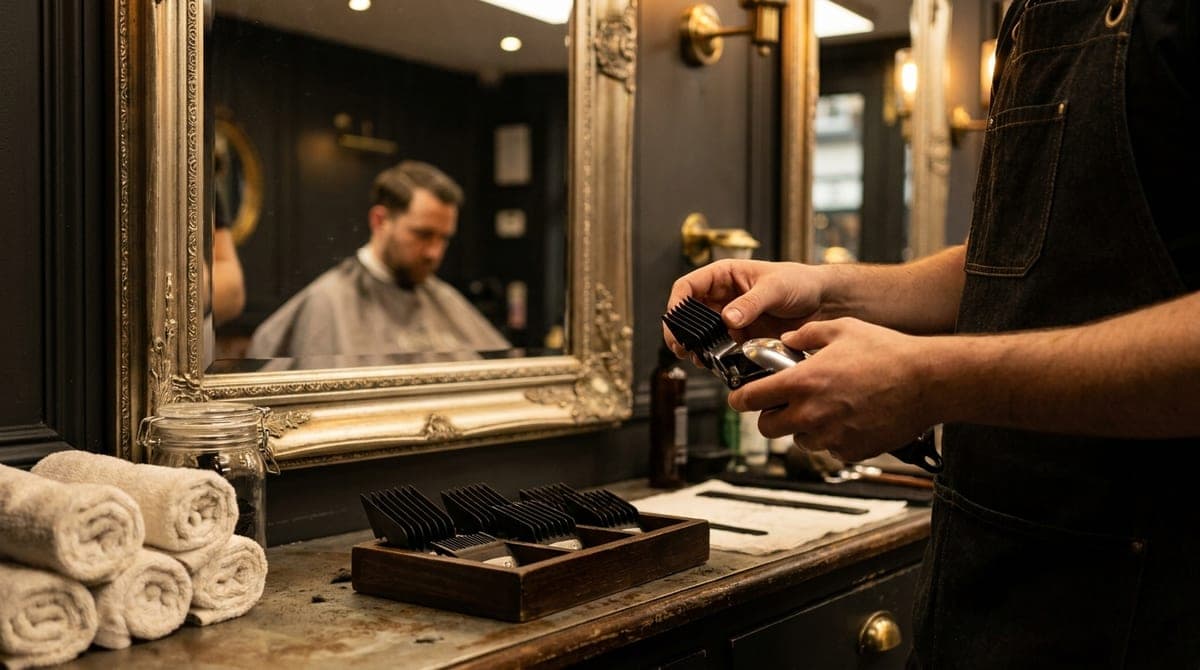 A barber fitting a comb guard onto his clippers at his station between customers