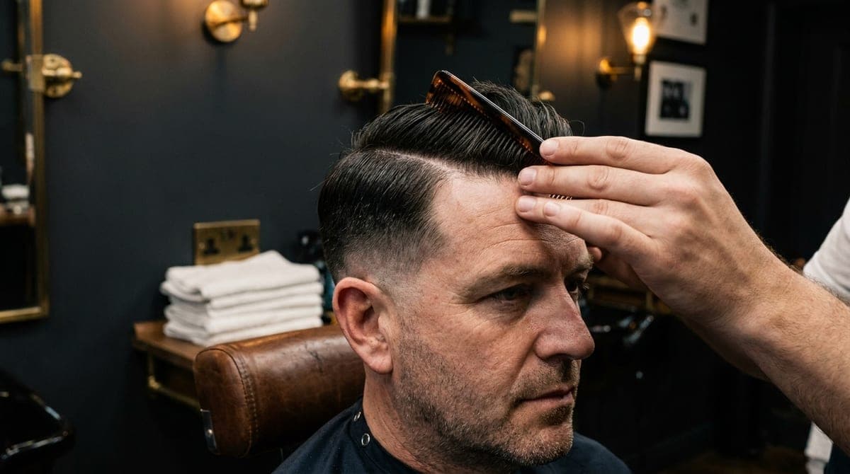 A barber combing the top of a client's hair across a side parting while the faded sides catch the light