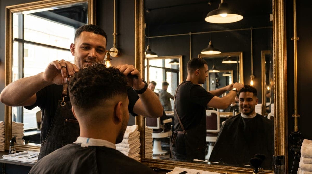 A barber shaping the dry curly top of a haircut with scissors and a comb, faded sides already finished