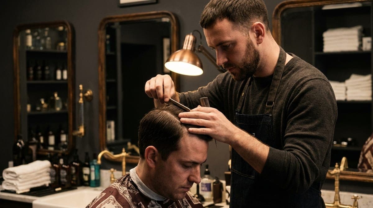 A barber parting a customer's hair with a comb to look closely at the scalp under the shop lights