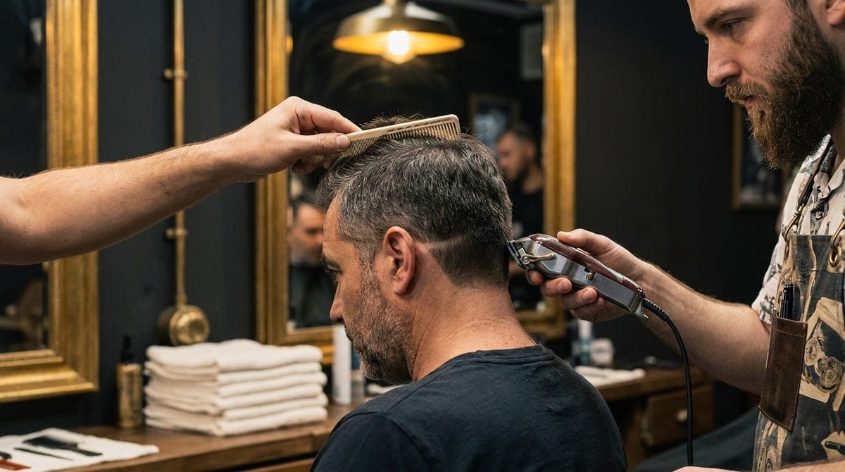 A barber's clippers curving the fade line down behind a seated client's ear