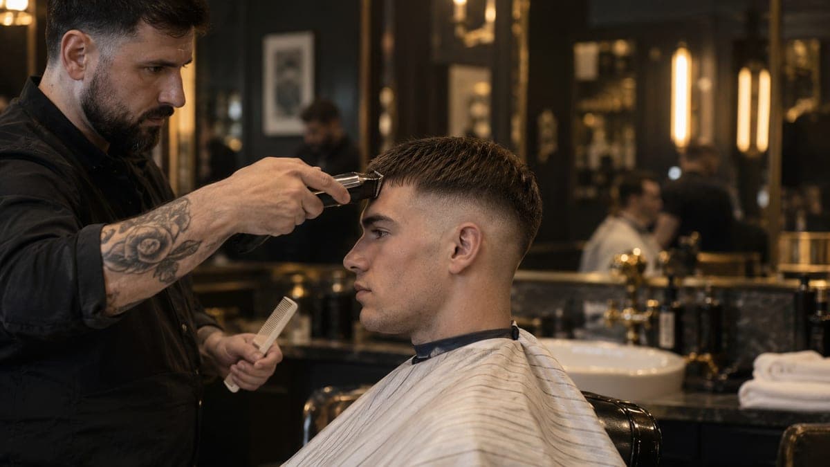 A barber holding trimmers flat across a young man's forehead, squaring off the straight edge of a short fringe above a high faded side