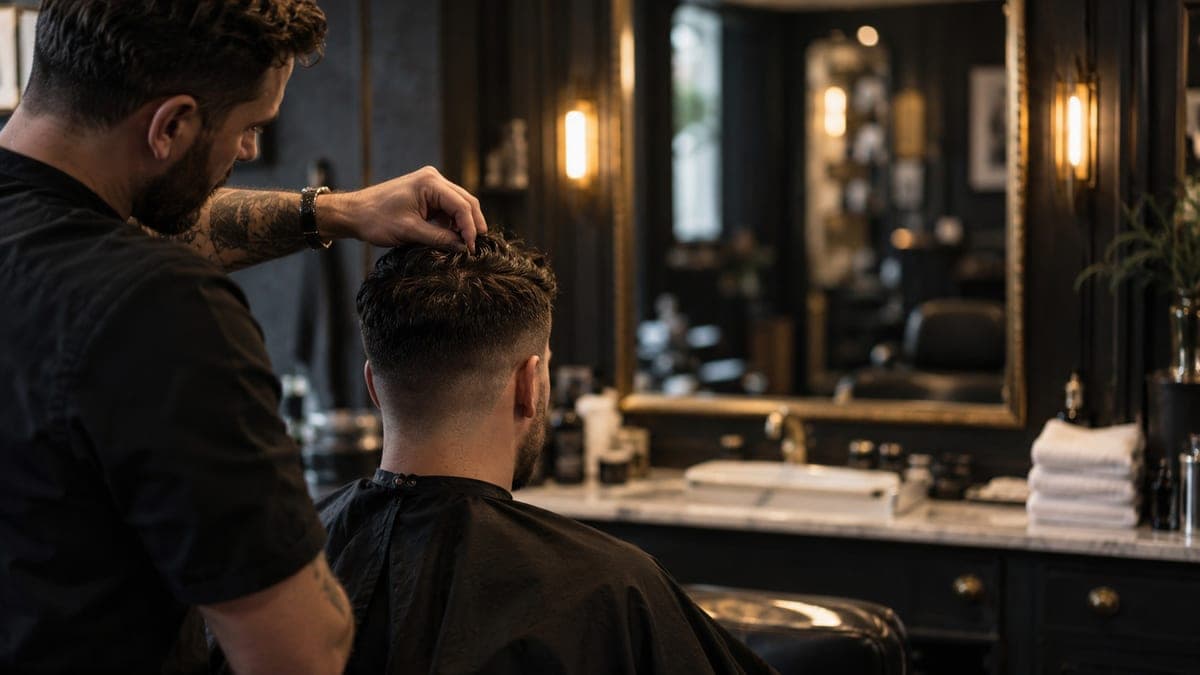 A barber pinching the top of a man's short hair up into a ridge along the centre of his head, the sides faded short