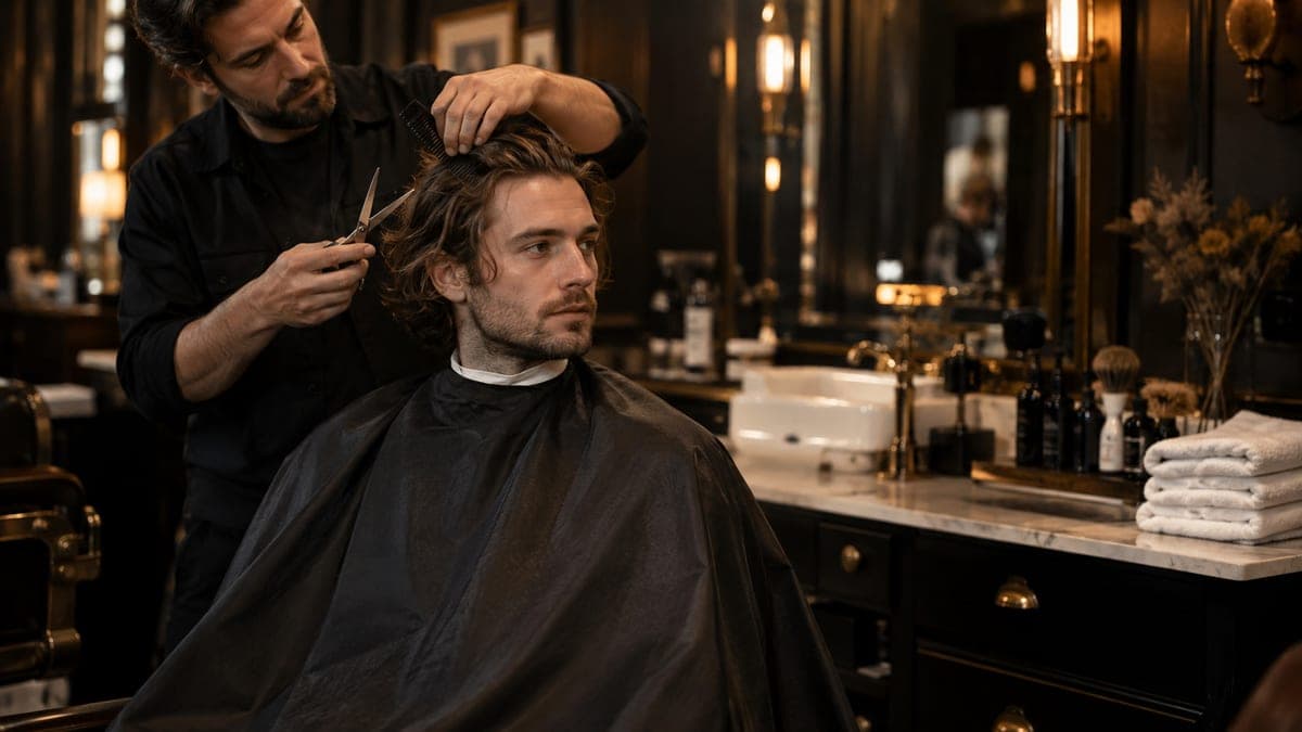 A barber combing a seated man's wavy, collar-length hair back from his forehead, scissors in his other hand