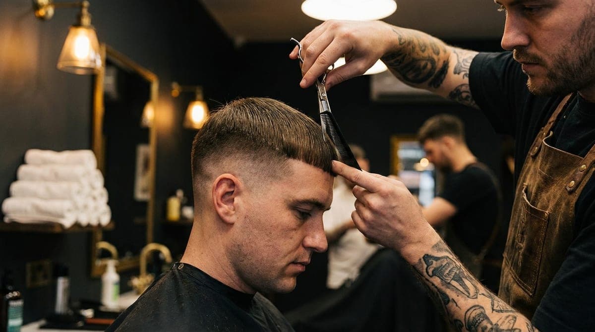 A barber point cutting a short blunt fringe with scissors and comb, faded sides below