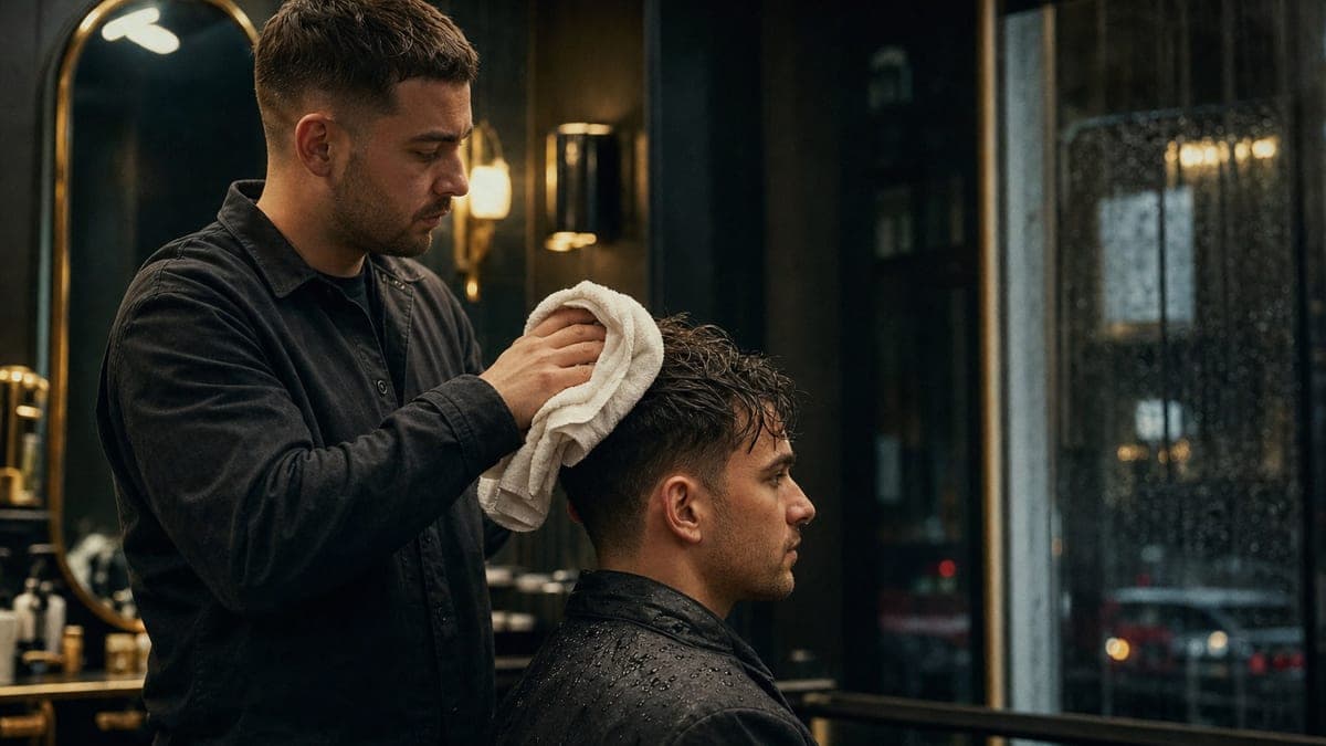 A barber blotting a customer's rain-damp hair with a white towel in a warm-lit shop