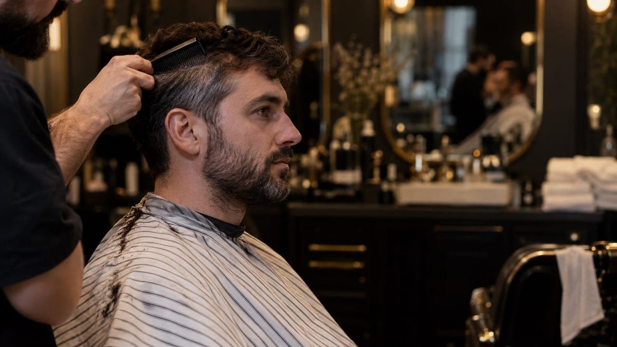 A barber lifting the hair at a seated man's temple with a comb, showing grey coming through at the side of his dark hair and in his beard