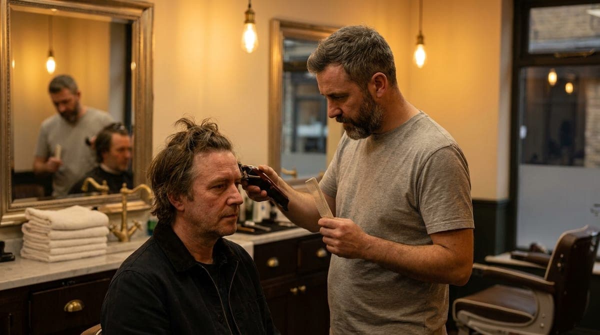 A barber running clippers up the side of a seated man's head while the longer hair on top is left untouched