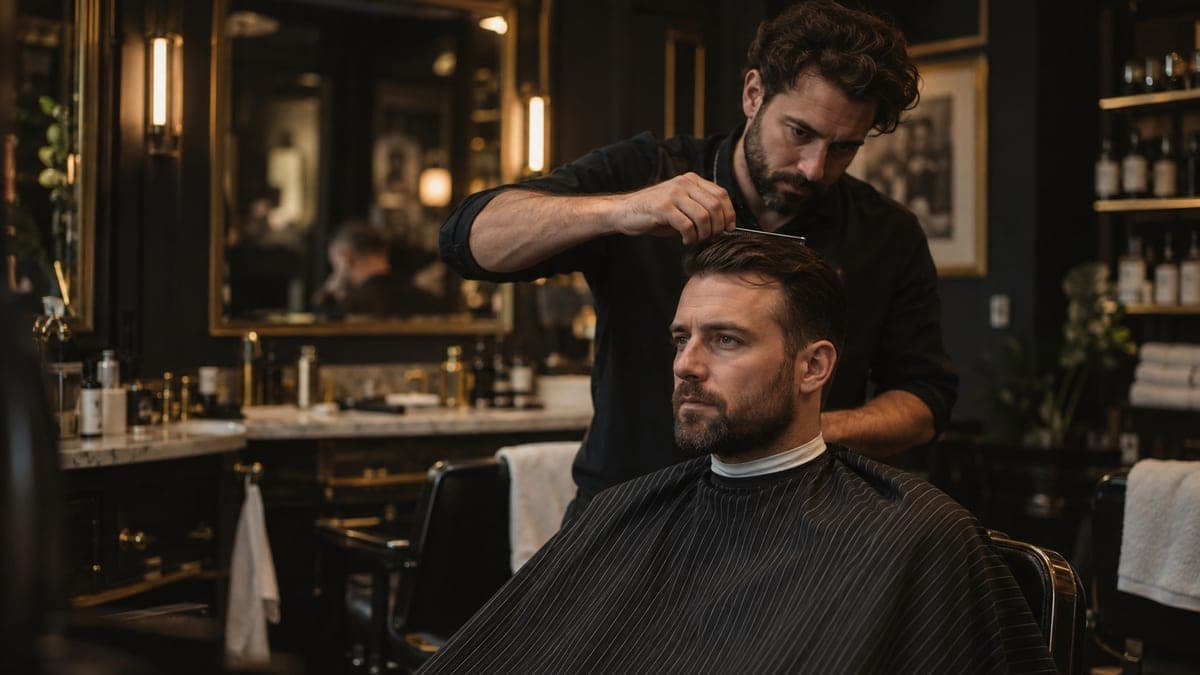 A barber standing behind a seated man, checking his hairline and crown in the mirror with a comb