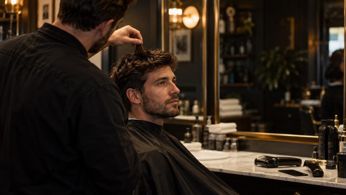 A barber standing behind a seated man and lifting the hair on top of his head between two fingers, checking the length against the mirror