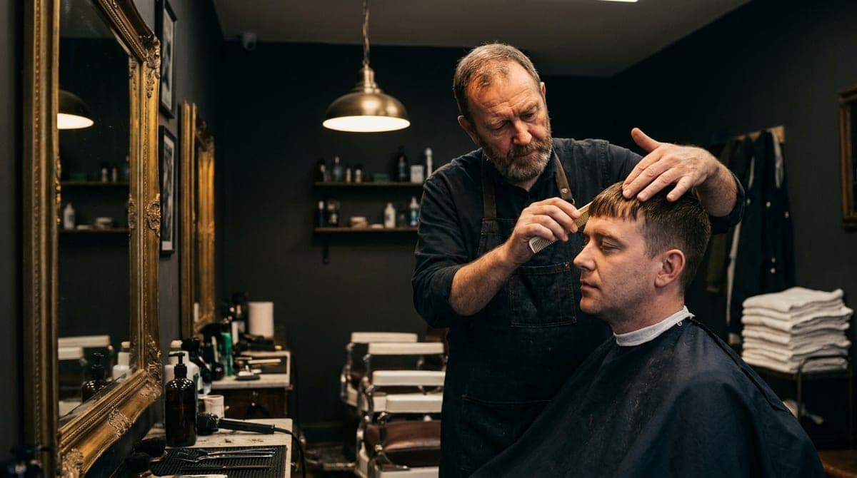 A barber combing forward the front section of a man's short haircut to check the hairline