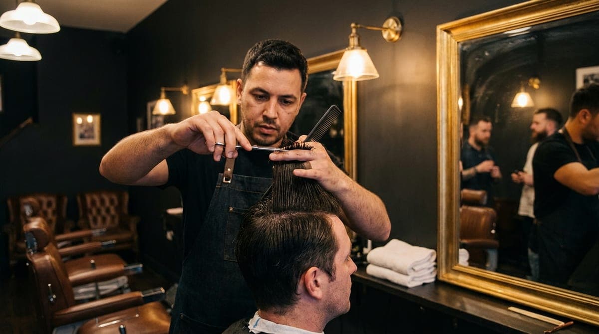 A barber lifting a section of dense dark hair on a comb and point cutting into the ends with scissors