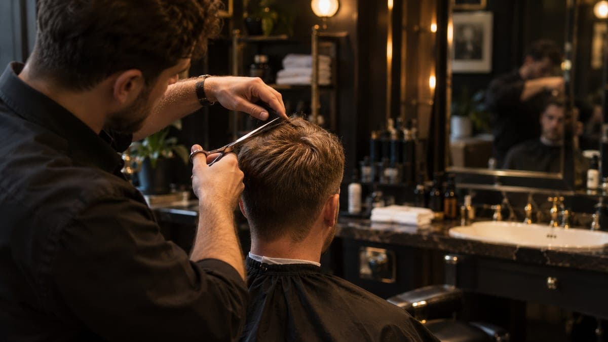 A barber trimming the top of a man's short fine hair with scissors, lifting a small section between his fingers above the crown