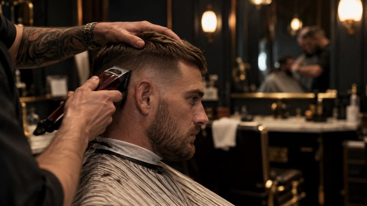 A barber steadying a client's head with one hand while clippers work the fade blend upward past the temple