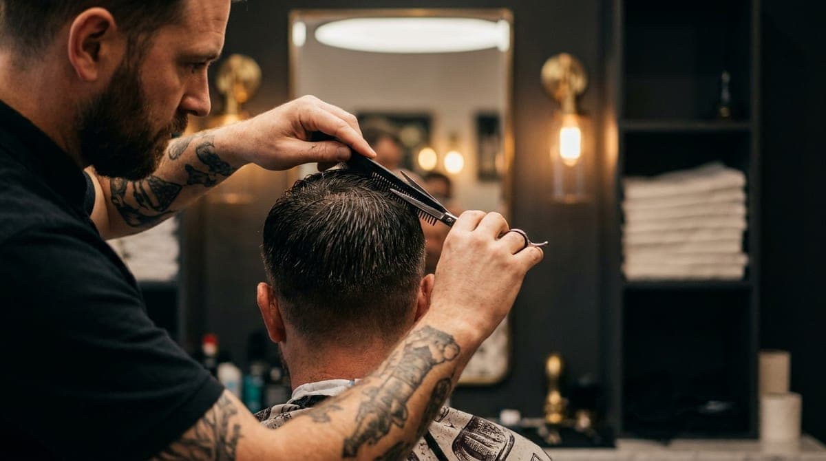 A barber point-cutting texture through the top of a short crop, comb held flat against damp hair