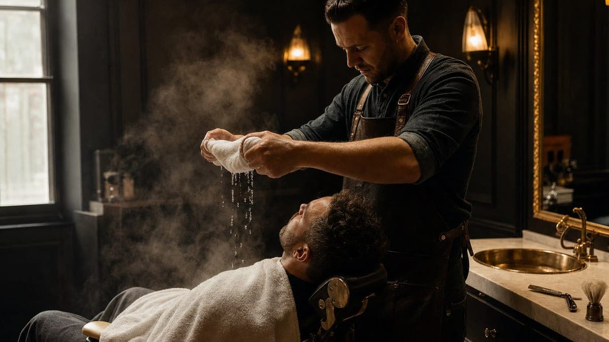A barber wringing a steamed towel out over a customer lying back in the chair, with a straight razor and lather brush on the counter behind