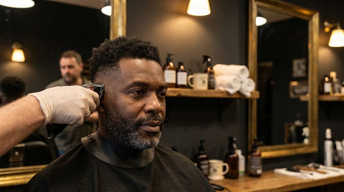 A barber checking the blend on the side of a freshly cut skin fade, clippers in hand