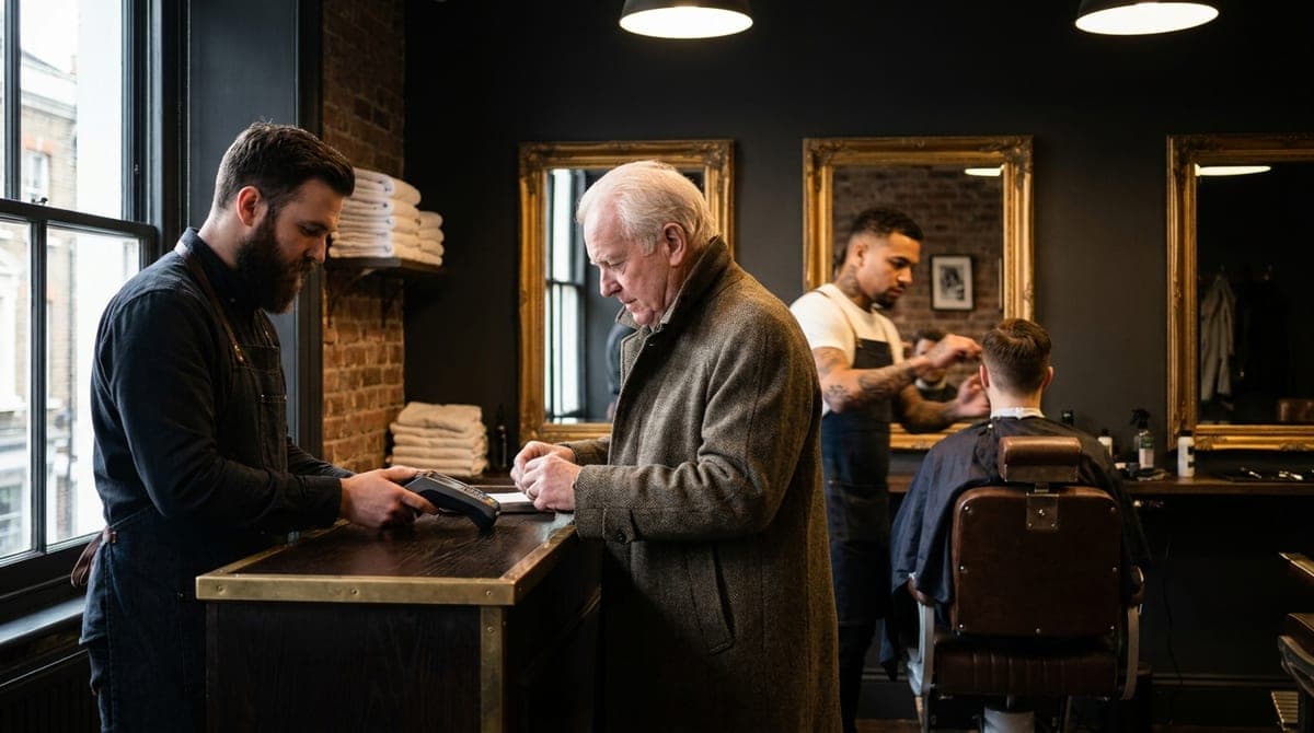 A barber at the till taking payment while another chair works behind him