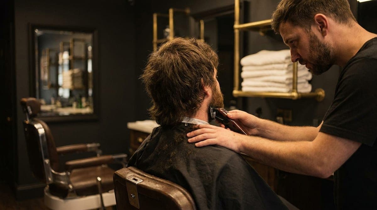 A barber tidying the grown-out neckline of a seated customer with clippers