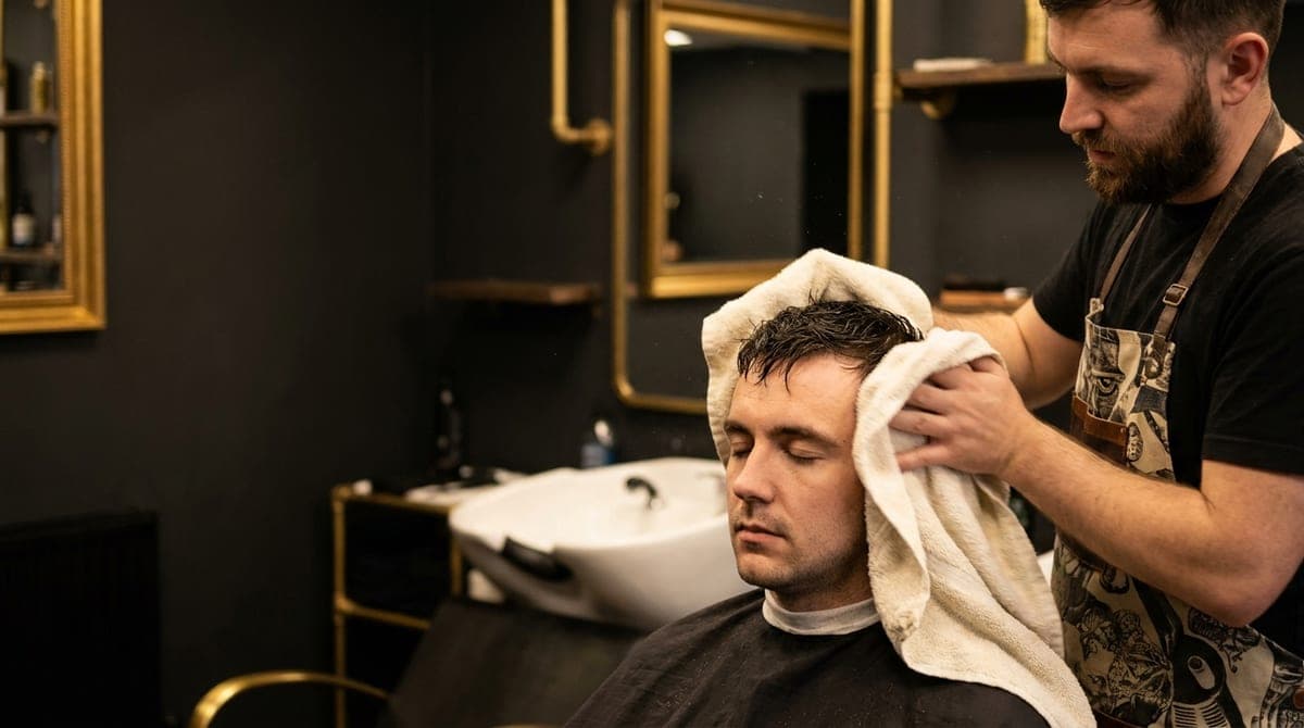 A barber towel-drying a customer's freshly washed hair in the chair
