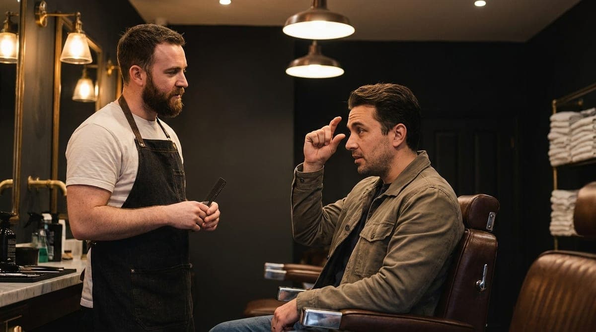 A barber with a comb in his hand listening to a seated customer, who is raising a hand beside his head to show how much length he wants off