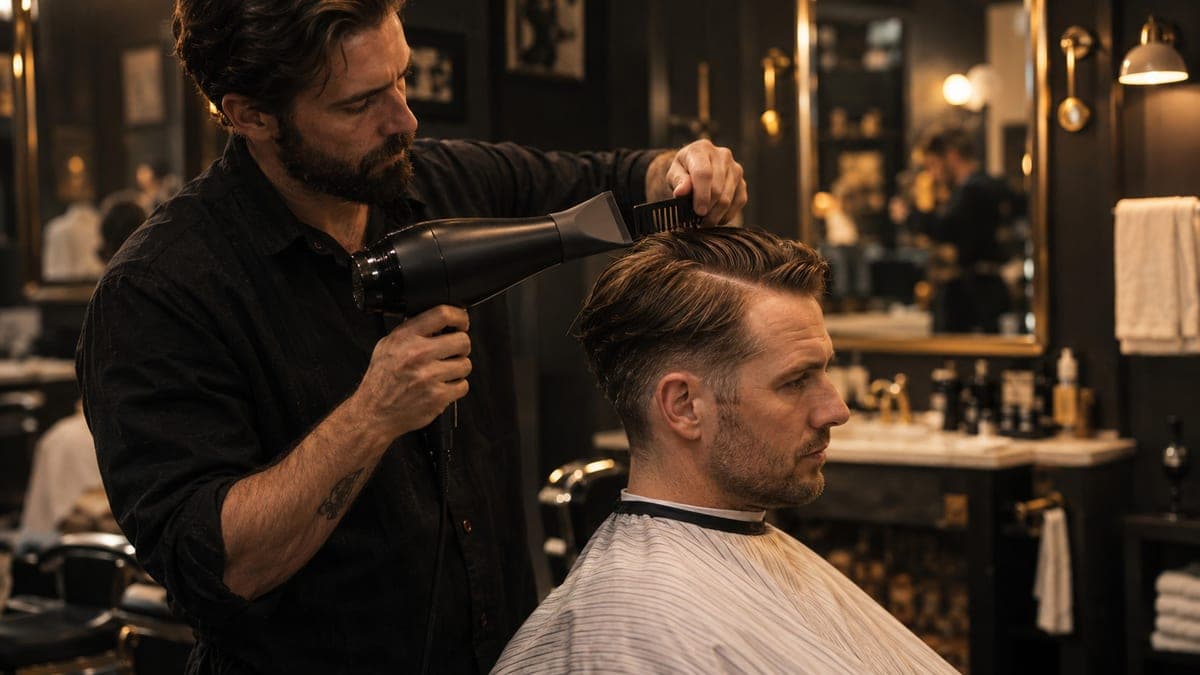 A barber holding a hairdryer with a narrow nozzle over a man's side parting, a comb in his other hand guiding the hair across